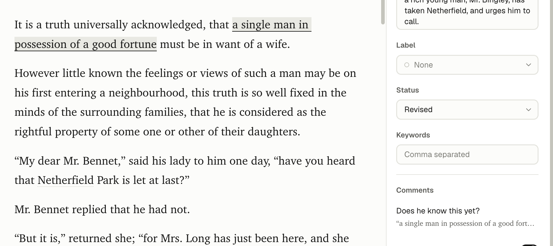 A commented phrase on the page and the same comment listed in the inspector