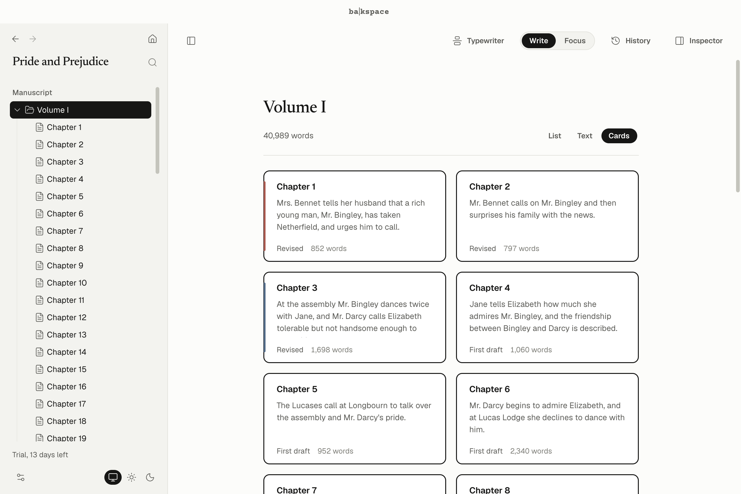 Volume I of the example as cards, each with a synopsis, a status and a word count