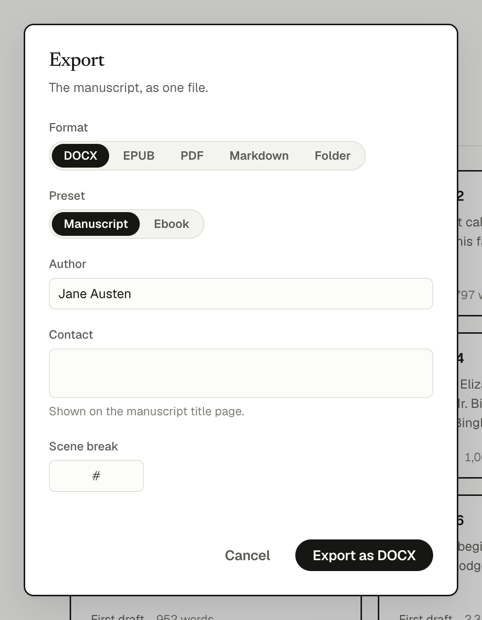 The Export dialog: format, preset, author, contact and scene break