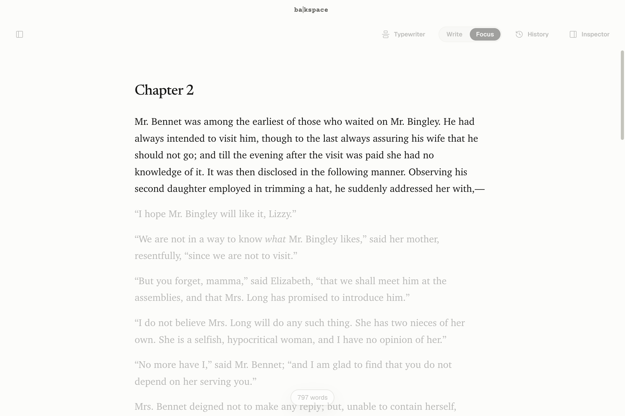 Focus mode: one paragraph bright, the rest dimmed