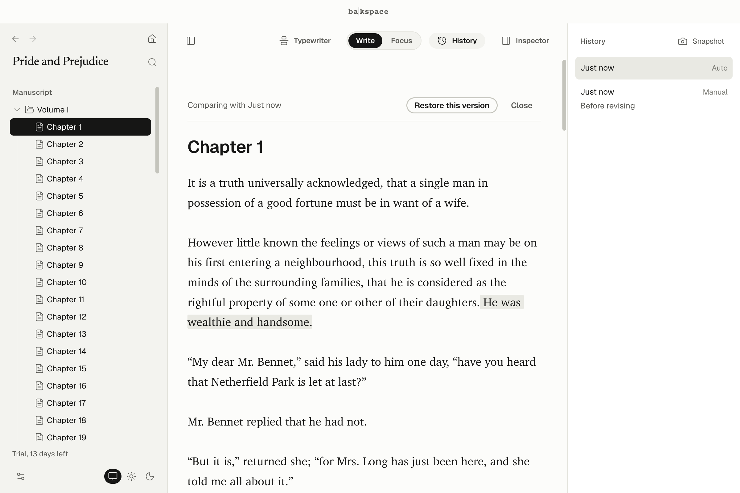 Comparing a snapshot with the page: a removed word struck through, added words marked, and the list of snapshots beside it