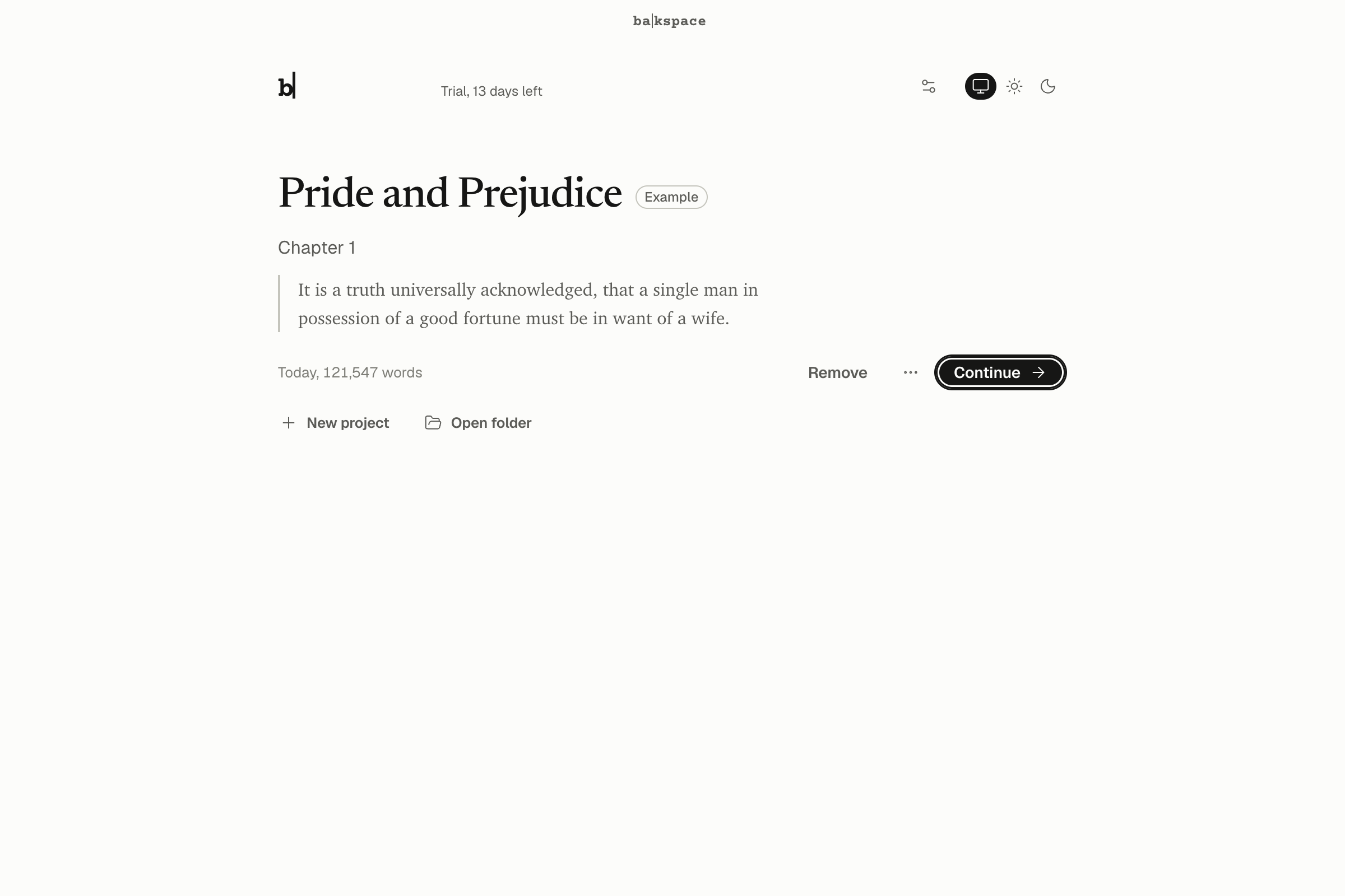 Home, with the example project Pride and Prejudice ready to continue
