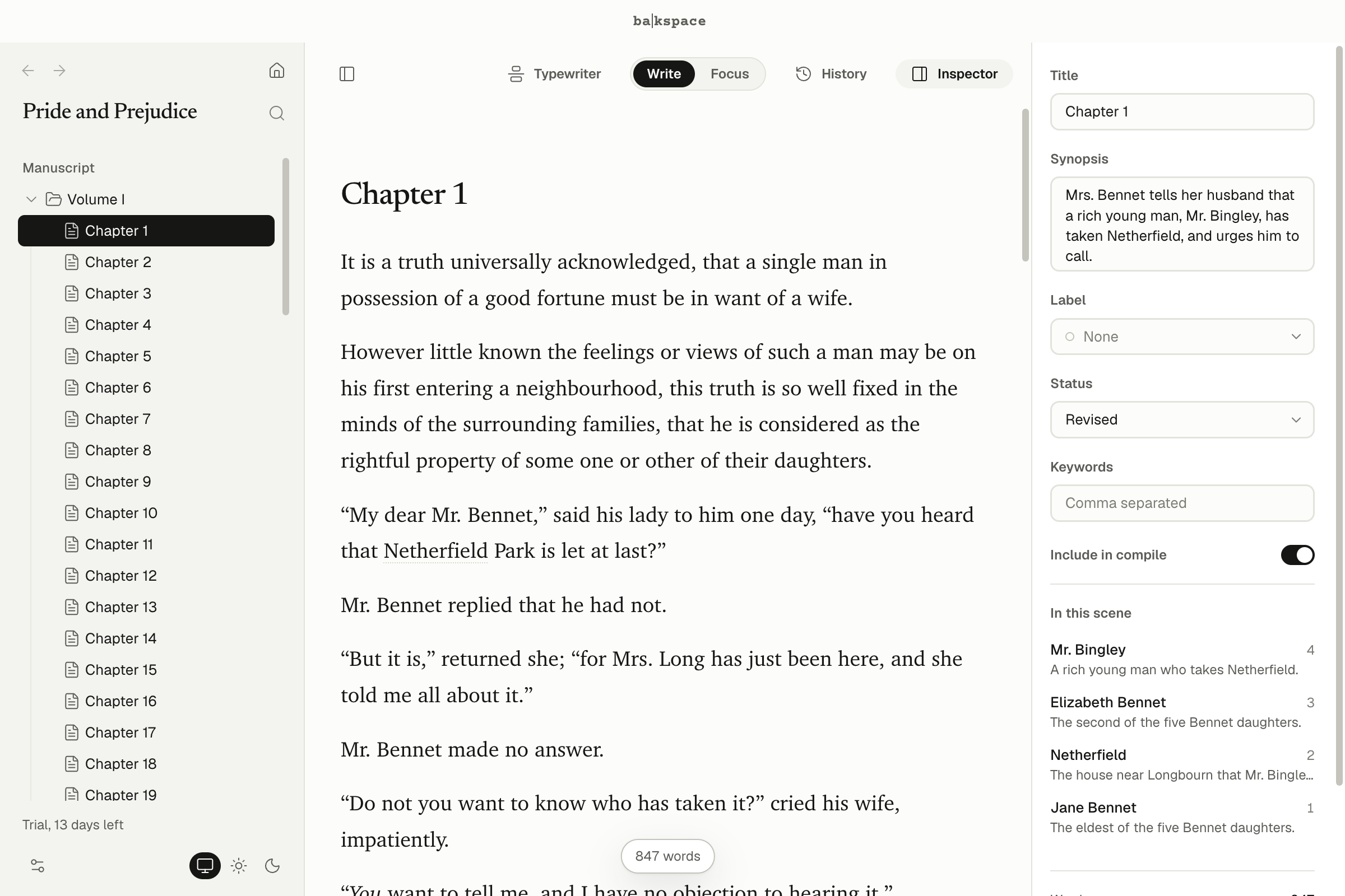 A project open: the binder on the left, the page in the middle, the inspector on the right