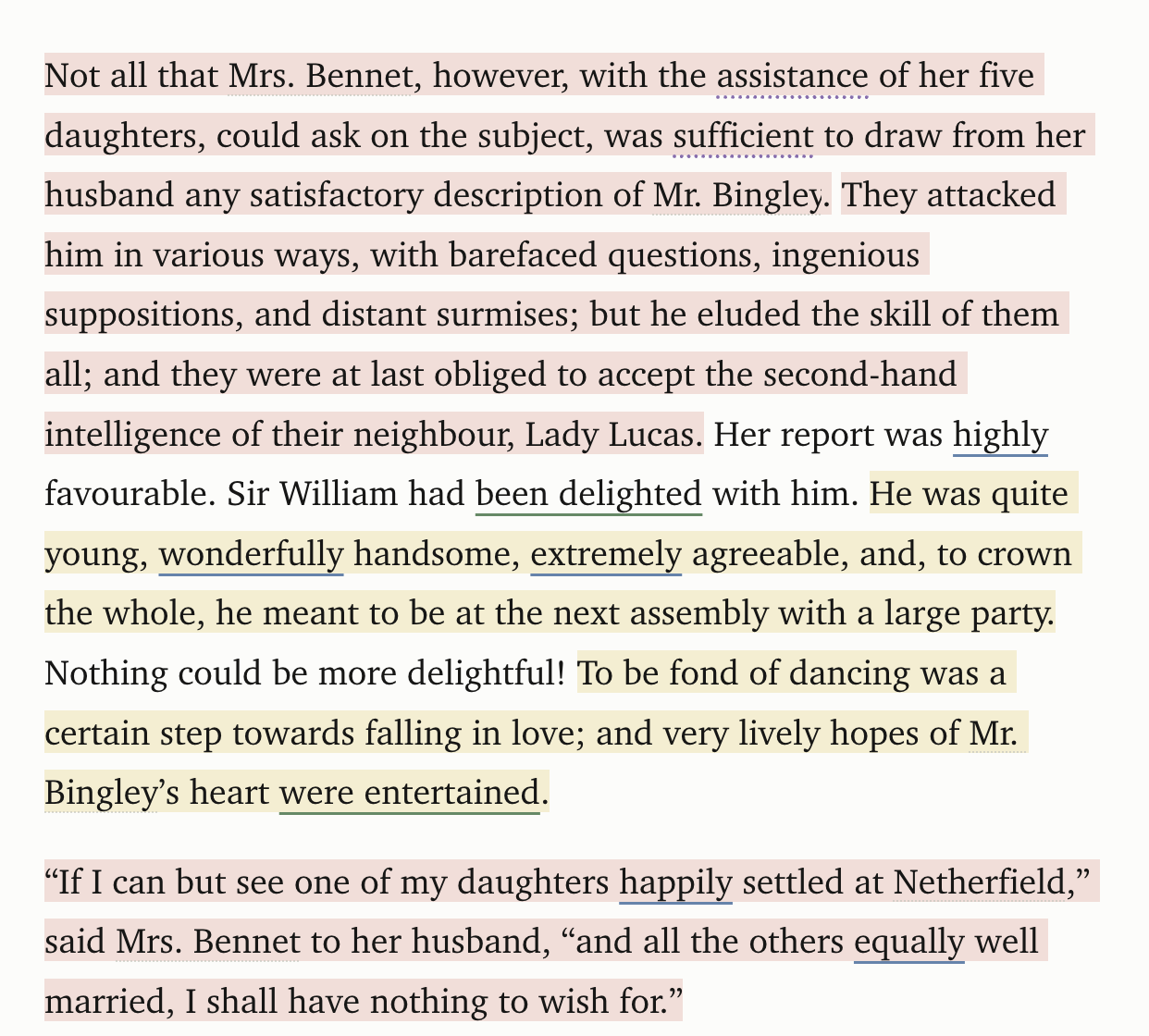 A paragraph with hard and very hard sentences washed in yellow and red, and adverbs, passive verbs and wordy phrases underlined