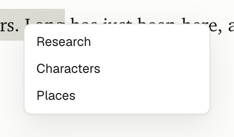 The folder choice for a new research note: Research, Characters and Places