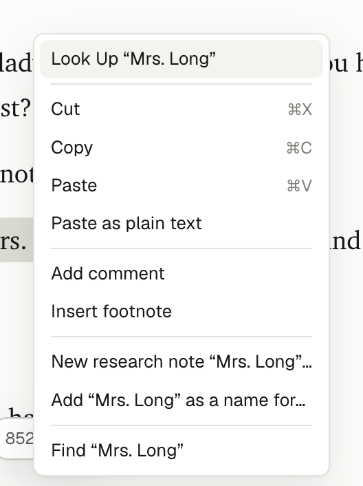 The right-click menu for a selected name, from Look Up to Find