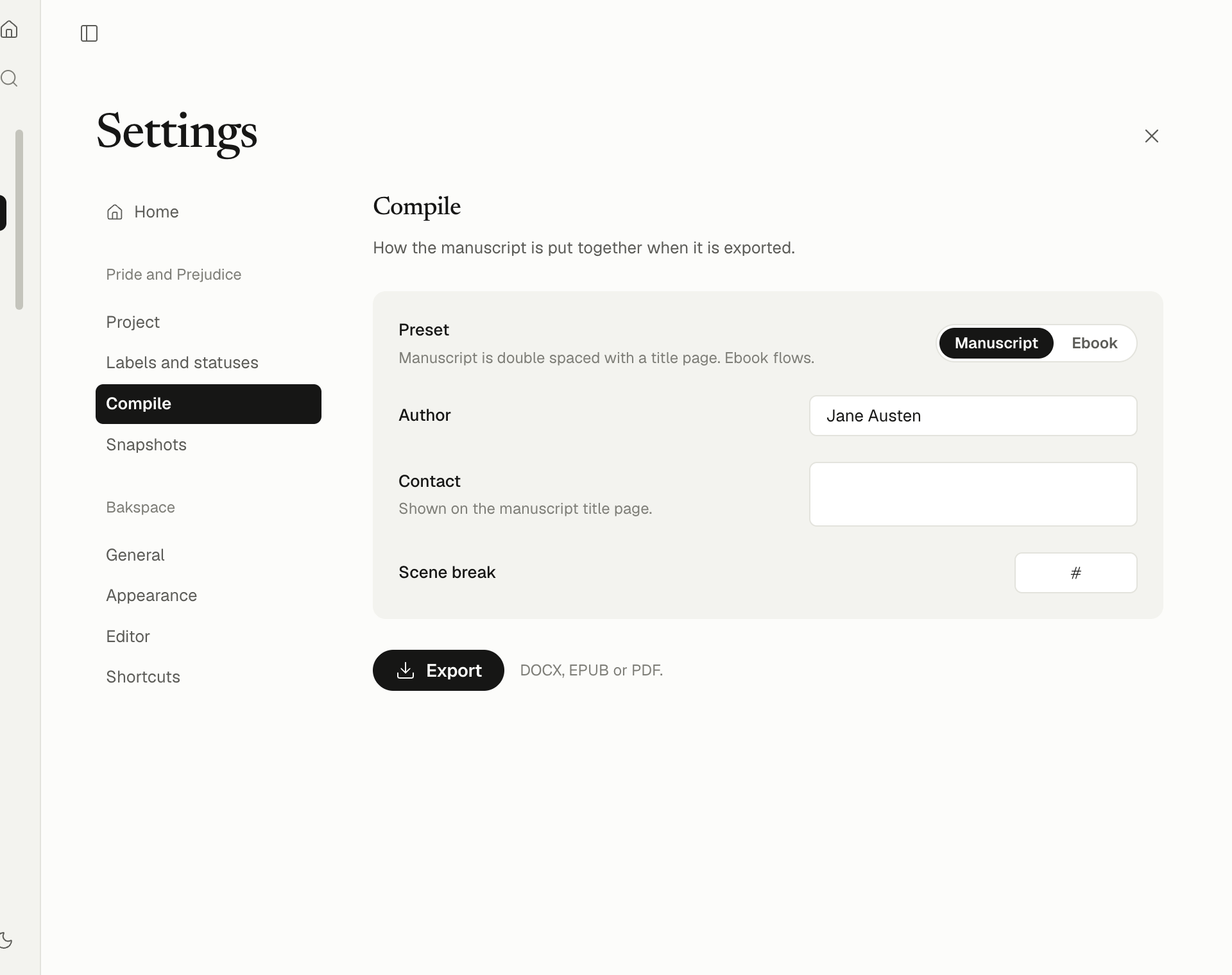 Settings, Compile: preset, author, contact and scene break
