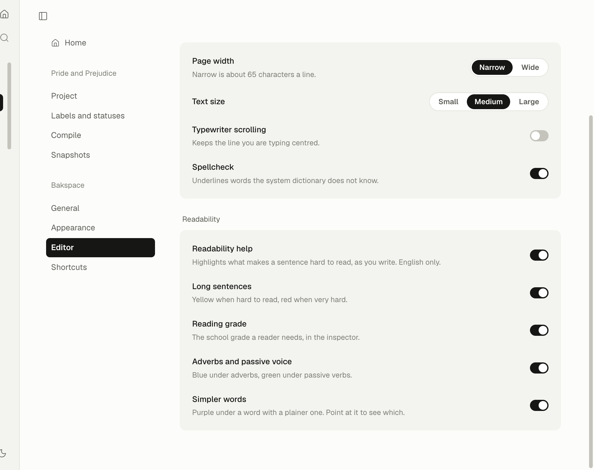 Settings, Editor: the Readability help switch and its four checks