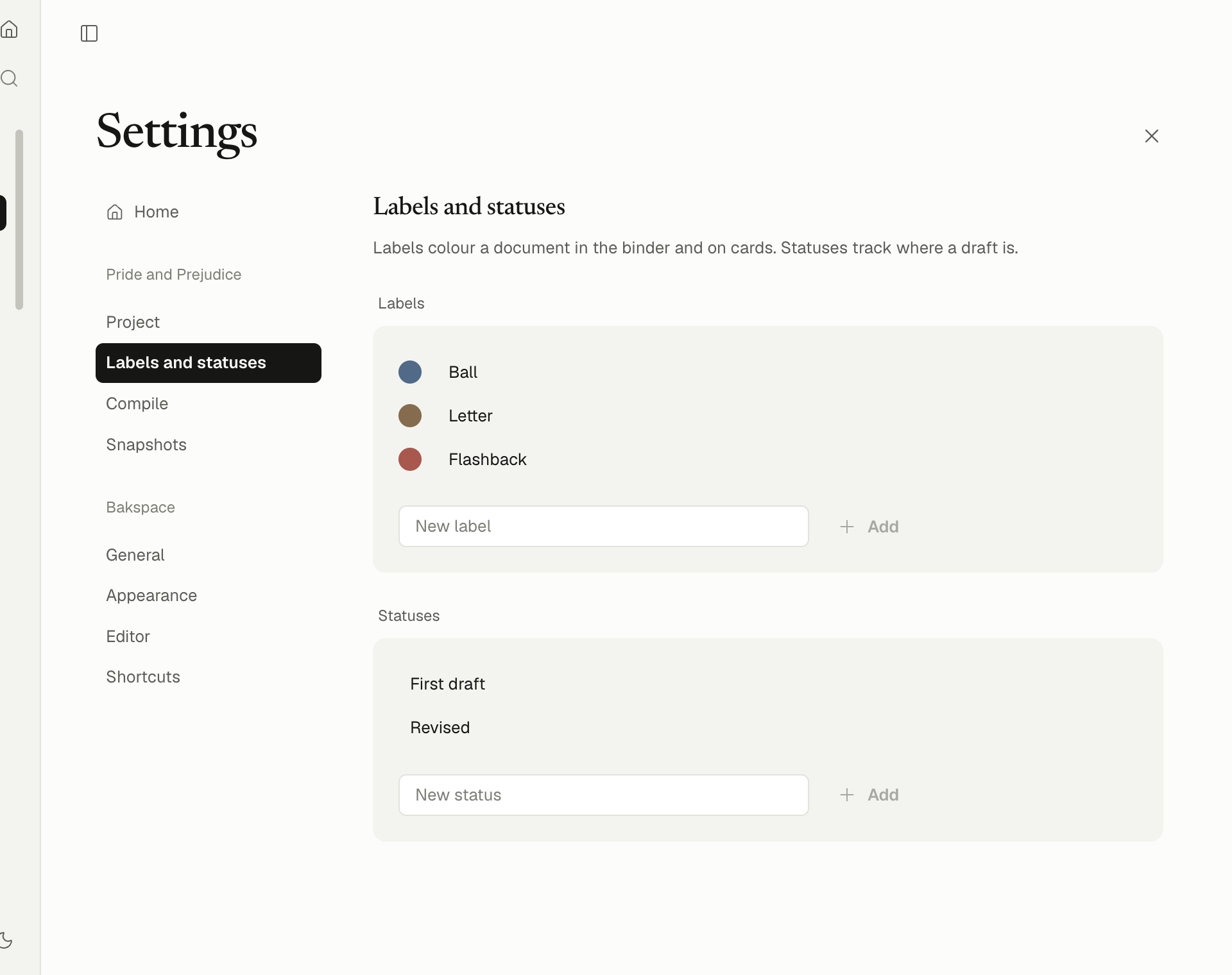 Settings, Labels and statuses for the example project